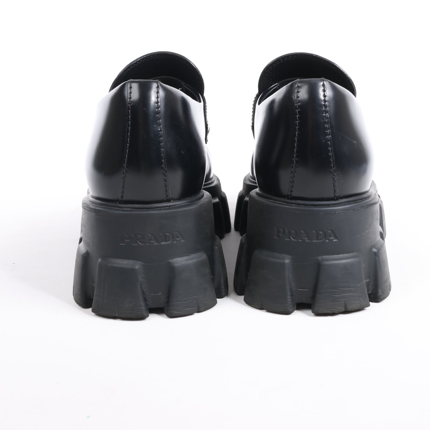 PRADA Spazzolato Triangle Logo Monolith Pointy 55mm Loafers in Black, Size 38.5 EU