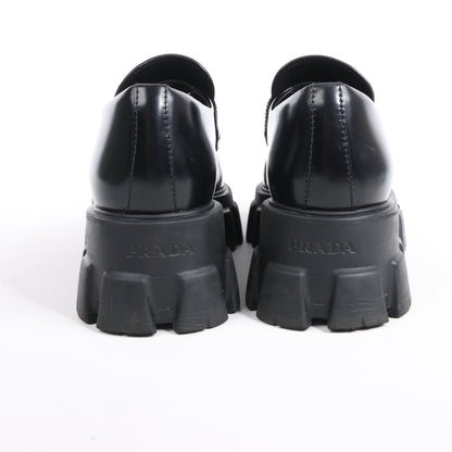 PRADA Spazzolato Triangle Logo Monolith Pointy 55mm Loafers in Black, Size 38.5 EU