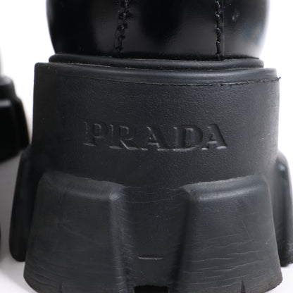PRADA Spazzolato Triangle Logo Monolith Pointy 55mm Loafers in Black, Size 38.5 EU