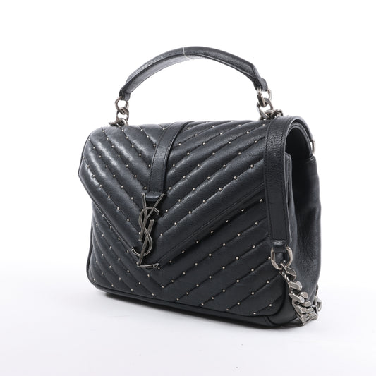 Saint Laurent Paris College Schultertasche aus Leder mit Strasskette in Schwarz 428056
