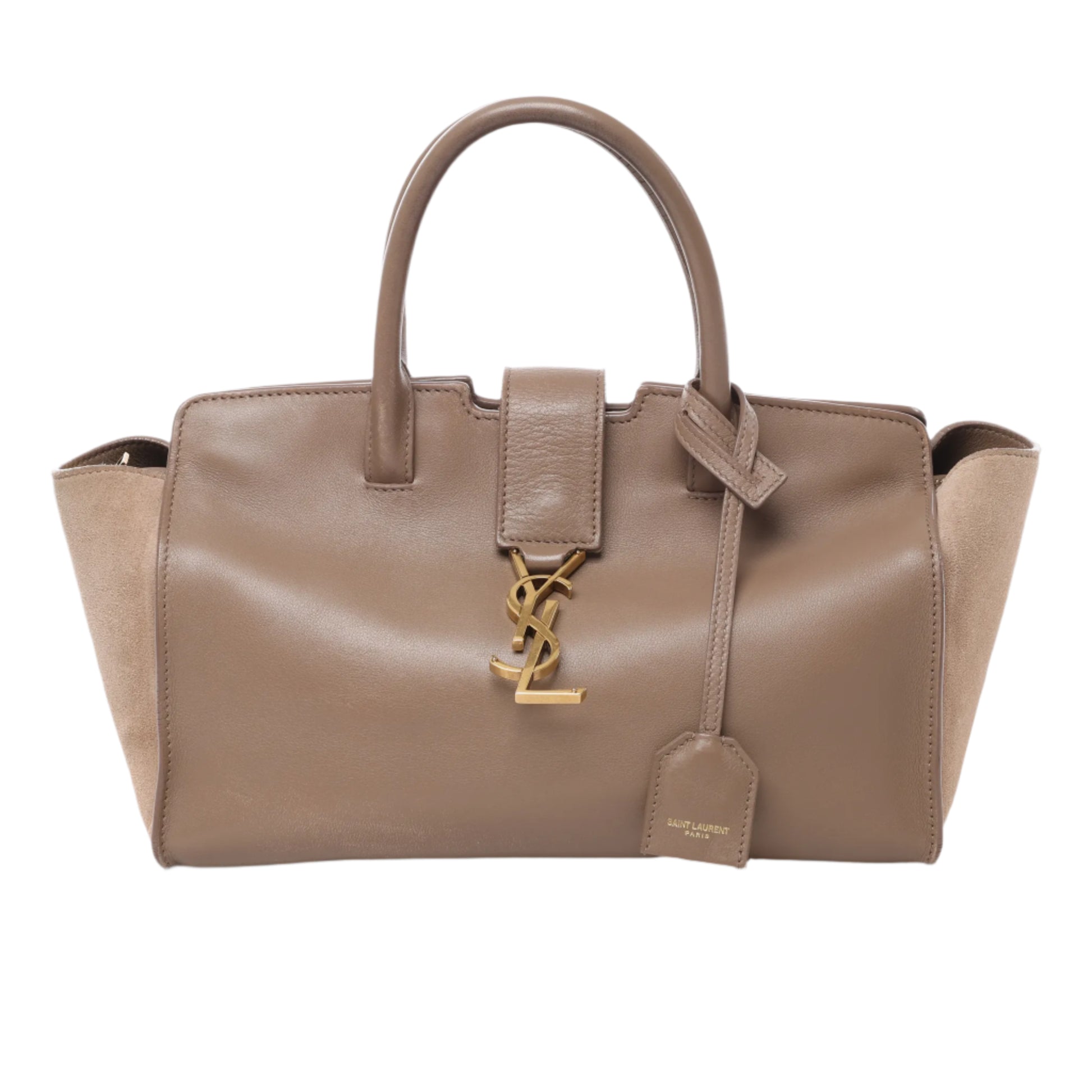 Front view of Saint Laurent Paris Downtown Cabas handbag in brown leather and suede, featuring gold YSL logo hardware, dual top handles, and structured silhouette against a white background.