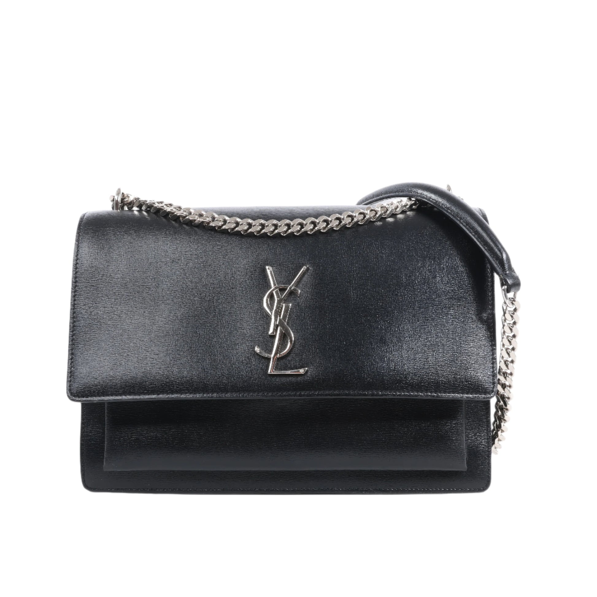 Black handbag with chain detail on a white background