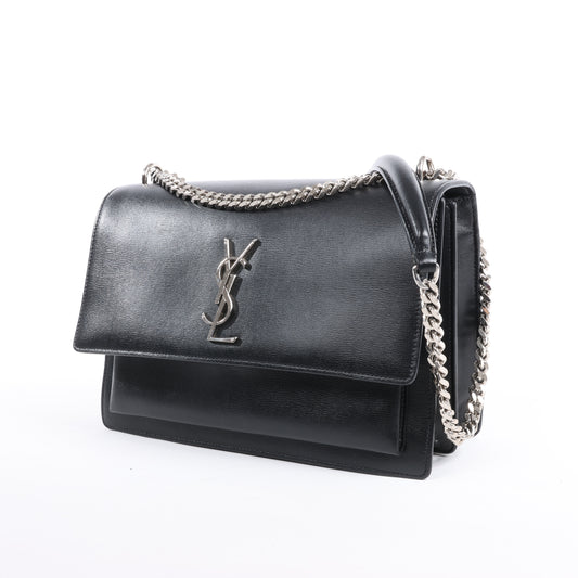 Saint Laurent Paris – Mittelgroße Sunset-Schultertasche aus schwarzem Leder mit Kettenriemen, 498779