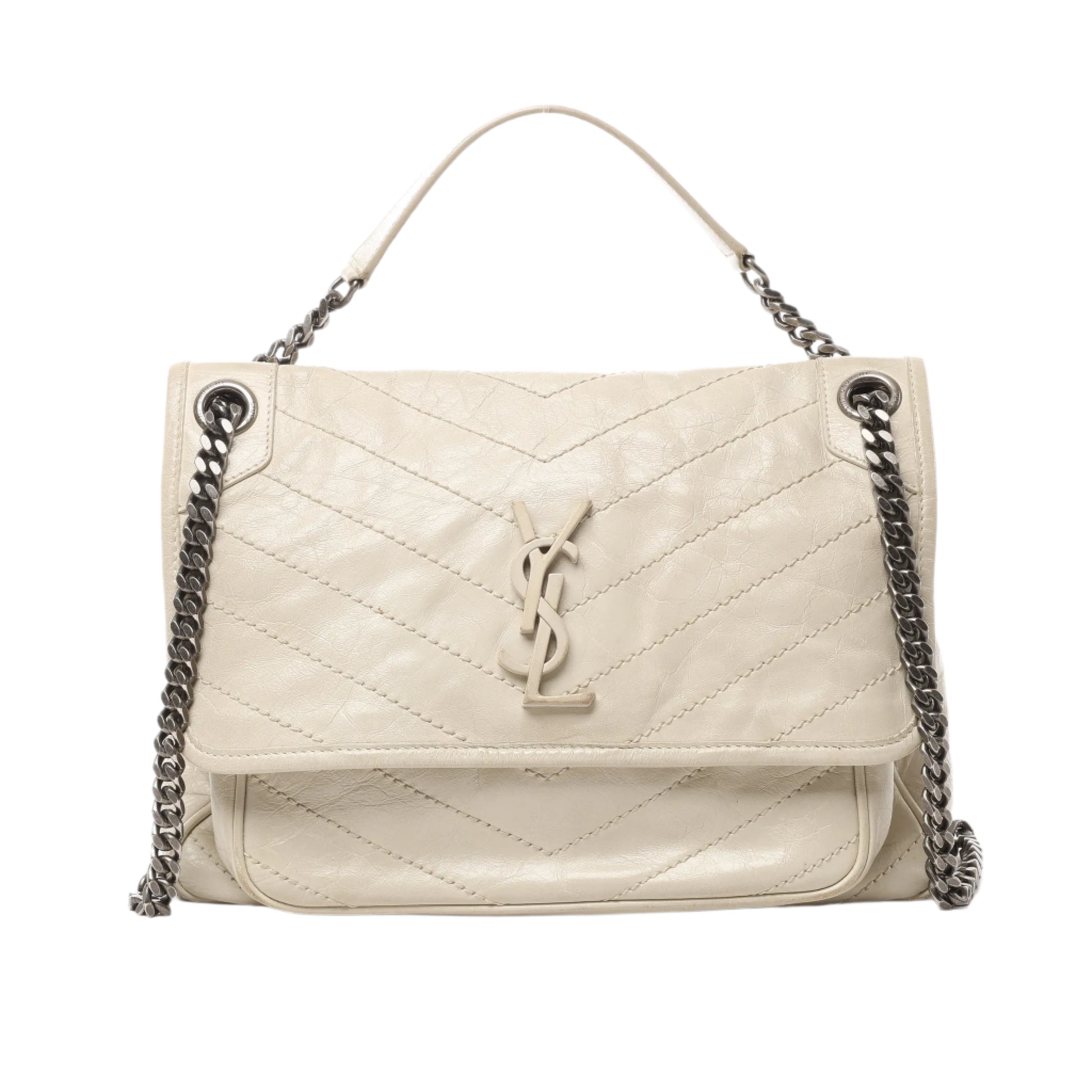 Front view of Saint Laurent Paris Niki Medium Chain Shoulder Bag 633158 in ecru crinkled leather with chevron quilting, tonal YSL logo, and silver-tone chain strap, displayed against a white background.