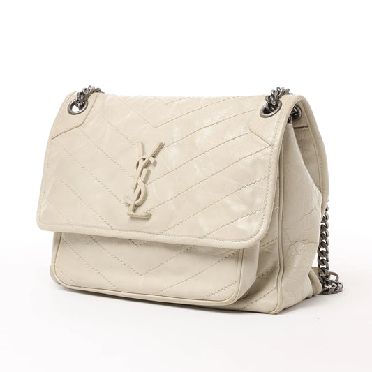 Saint Laurent Paris Niki Mittelgroße Schultertasche aus Leder mit Kettenriemen, Ecru, 633158