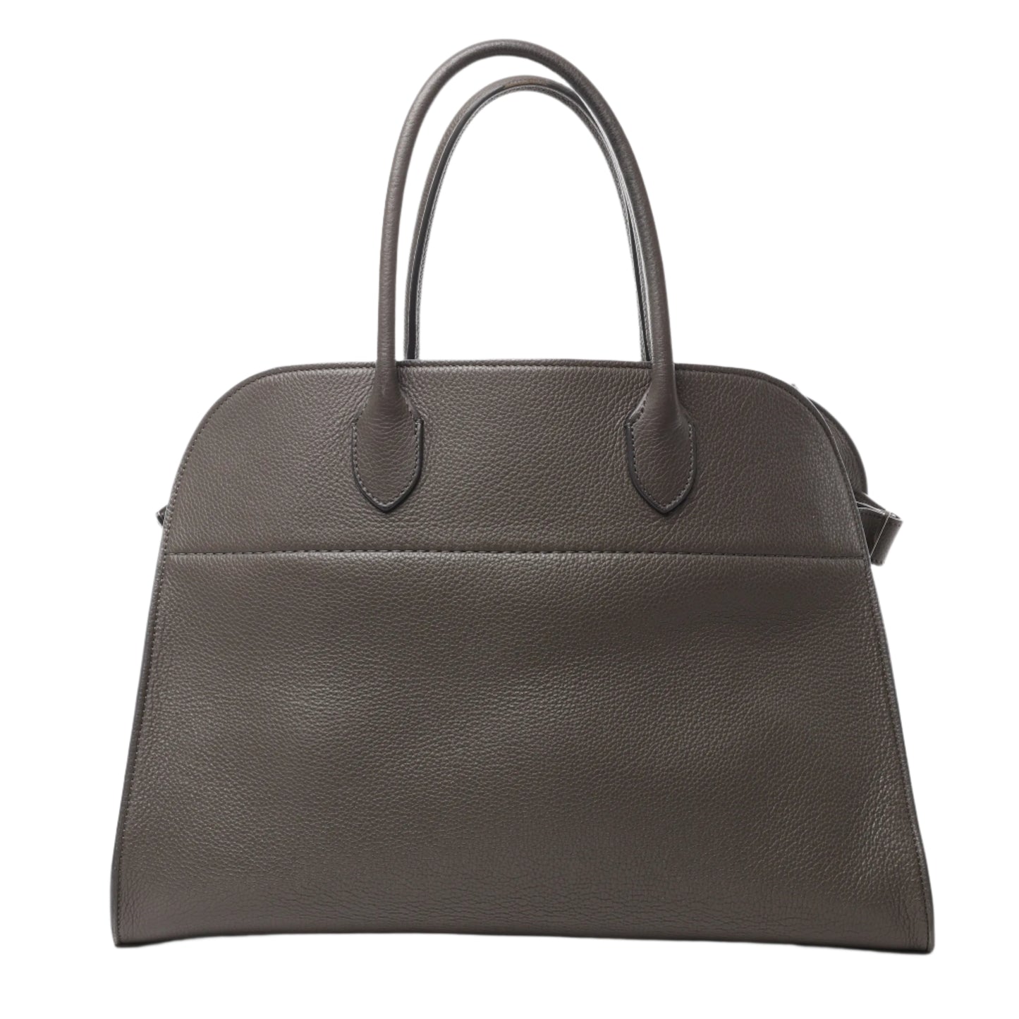 Front view of The Row Soft Margaux 15 Leather Handbag in gray grained leather with dual top handles and a structured, minimalist design, displayed against a white background.