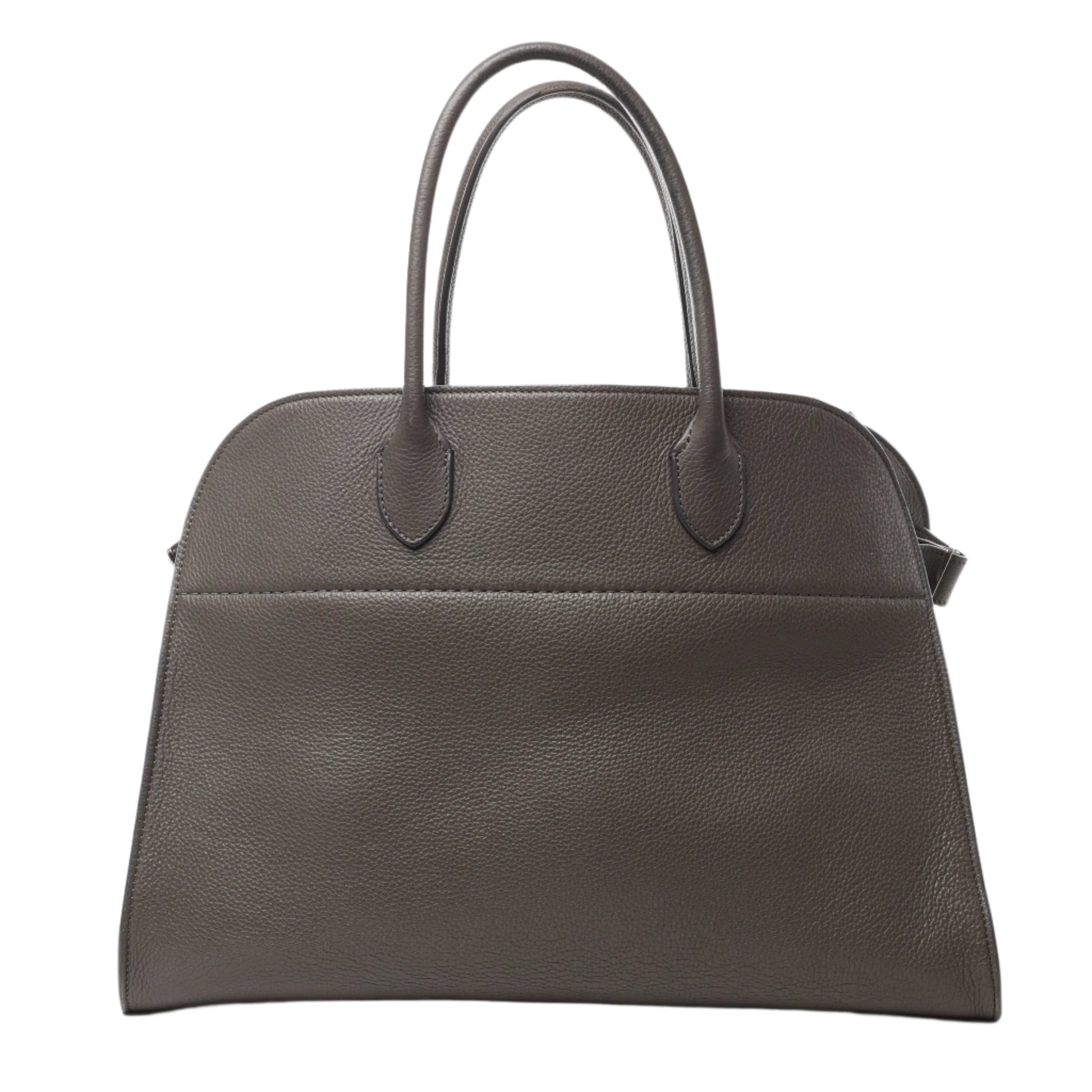 Front view of The Row Soft Margaux 15 Leather Handbag in gray grained leather with dual top handles and a structured, minimalist design, displayed against a white background.