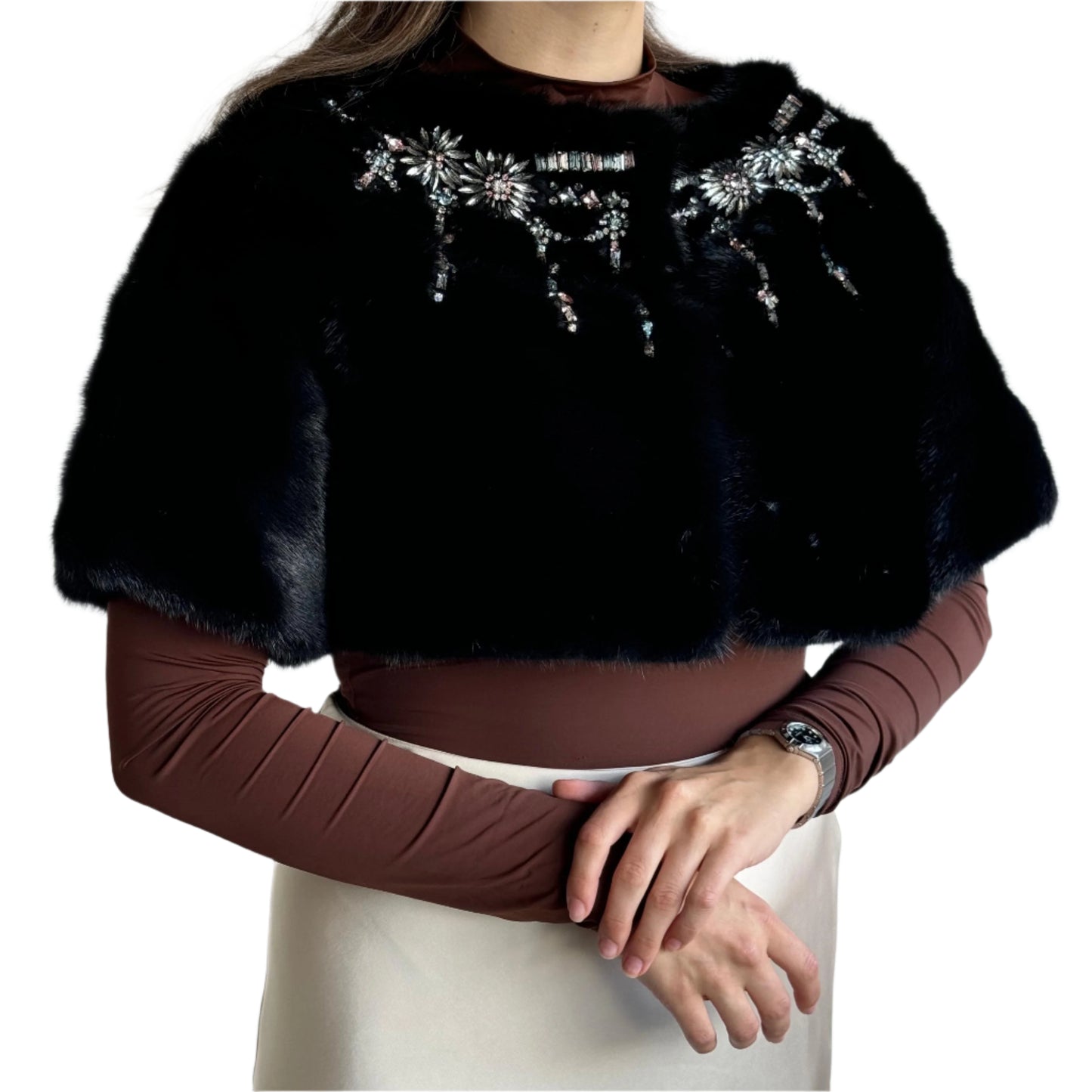 Valentino Schwarzes Nerzpelz-Capelet mit Kristallverzierungen - Elegante Abendgarderobe