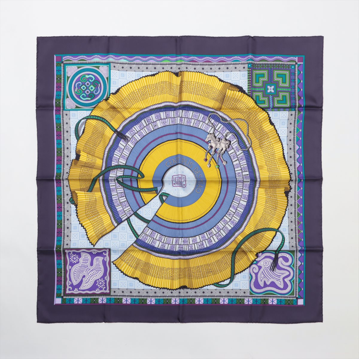Hermès Carré 90 "CENT PLIS DES MIAO" 100% Silk Scarf in Purple