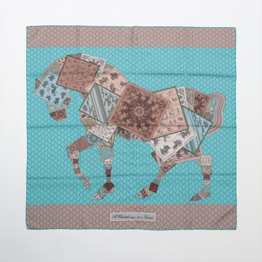 Hermès Carré 90 "A Cheval sur mon Carré" 100% Silk Scarf in Blue
