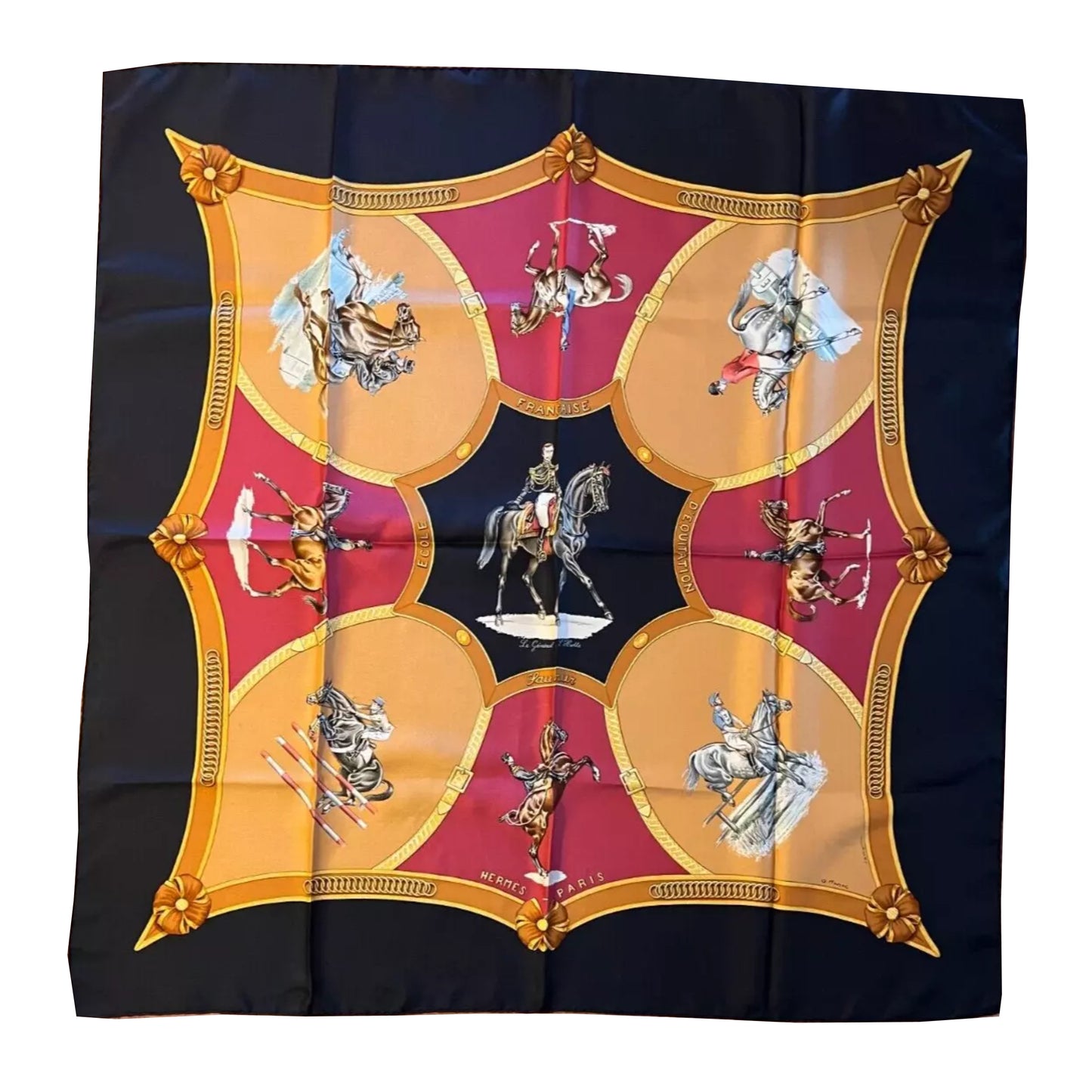 Hermès Carré 90 "ECOLE FRANCAISE D'EQUITATION" 100% Silk Scarf in Red x Black