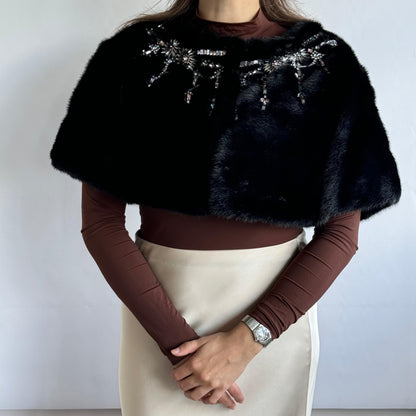 Valentino Black Mink Fur Capelet with Crystal Embellishments - Elegant Evening Wear