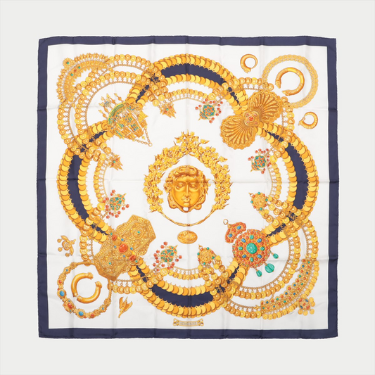 Hermès Carré 90 "KOSMIMA " 100% Silk Scarf in Navy x Beige