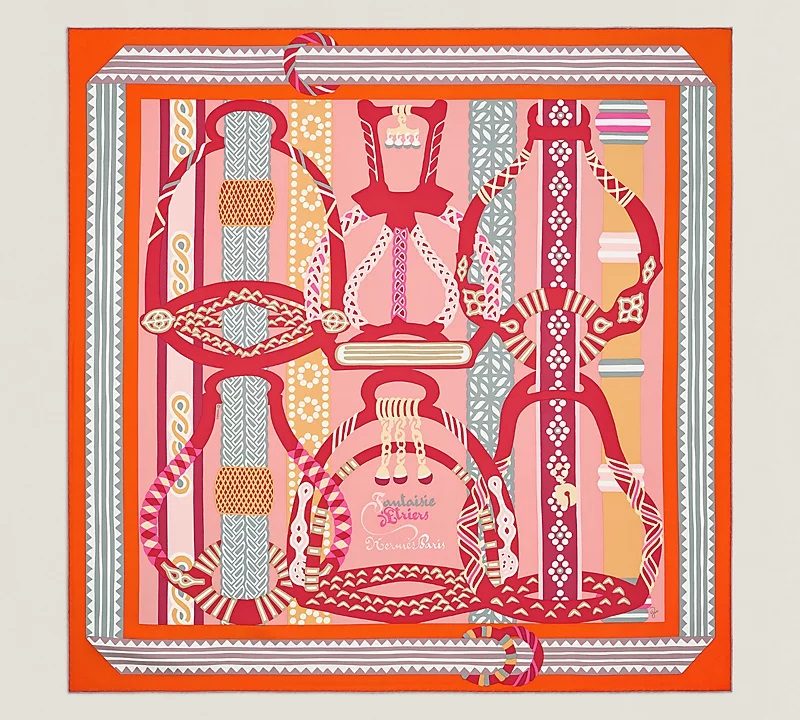Hermès Carré 90 "Fantaisie D'etriers" 100% Silk Scarf in Orange